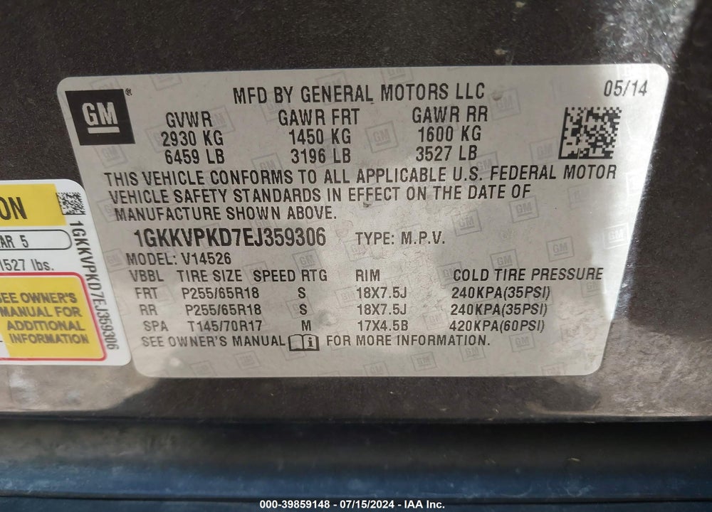 2014 GMC ACADIA SLE-2 VIN: 1GKKVPKD7EJ359306