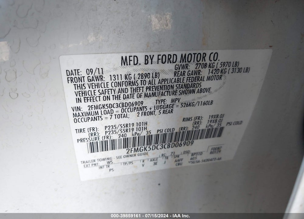 2012 FORD FLEX LIMITED VIN: 2FMGK5DC3CBD06909
