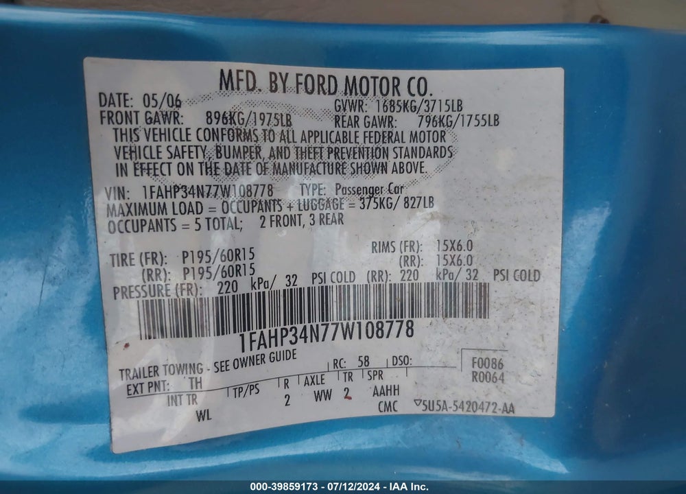2007 FORD FOCUS S/SE/SES VIN: 1FAHP34N77W108778