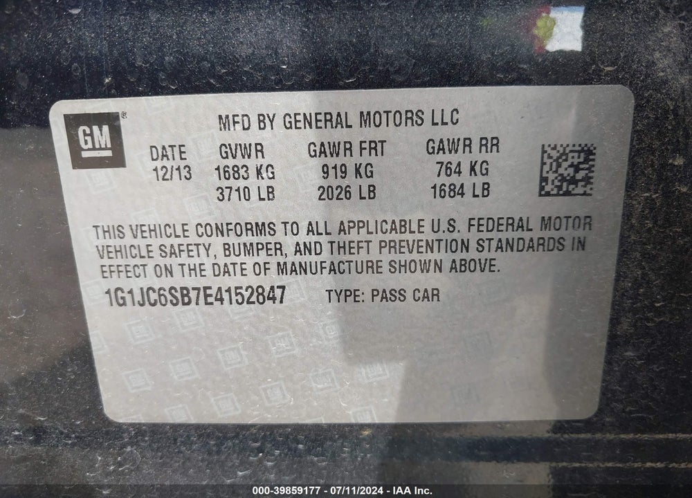 2014 CHEVROLET SONIC LT AUTO VIN: 1G1JC6SB7E4152847