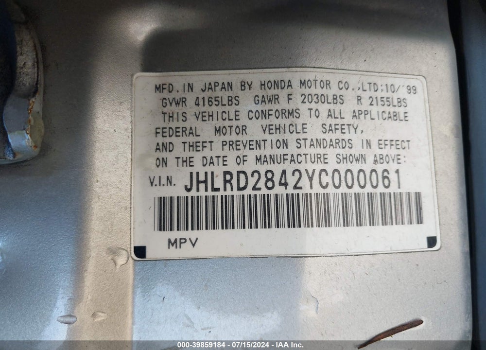 2000 HONDA CR-V LX VIN: JHLRD2842YC000061