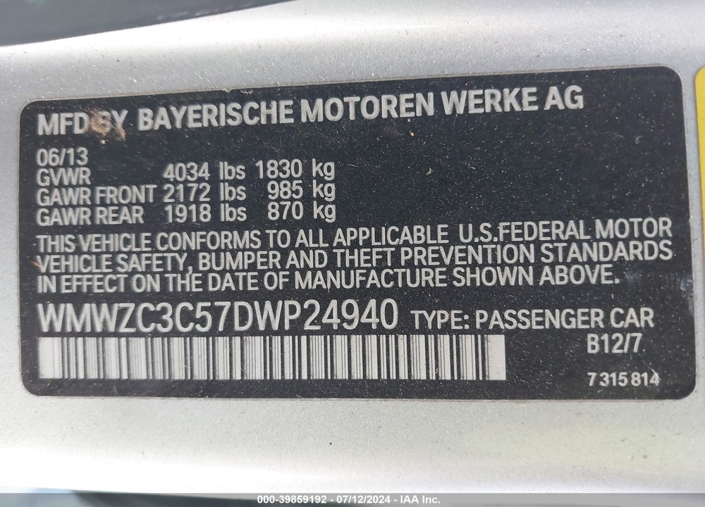 2013 MINI COUNTRYMAN COOPER S VIN: WMWZC3C57DWP24940
