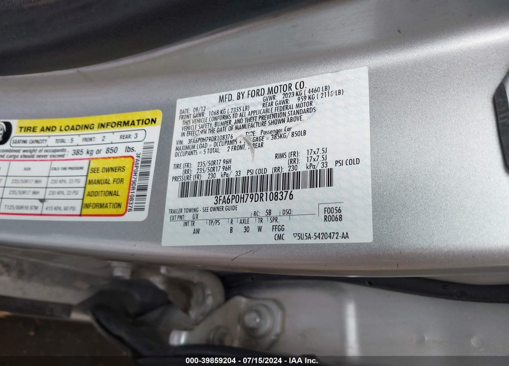 2013 FORD FUSION SE VIN: 3FA6P0H79DR108376