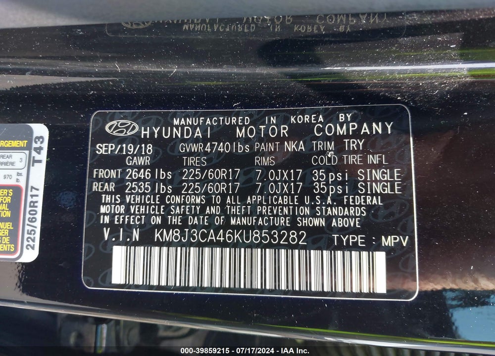 2019 HYUNDAI TUCSON VALUE VIN: KM8J3CA46KU853282