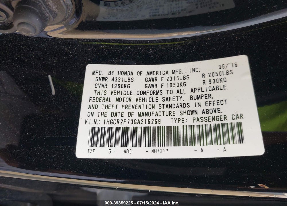 2016 HONDA ACCORD VIN: 1HGCR2F73GA216269