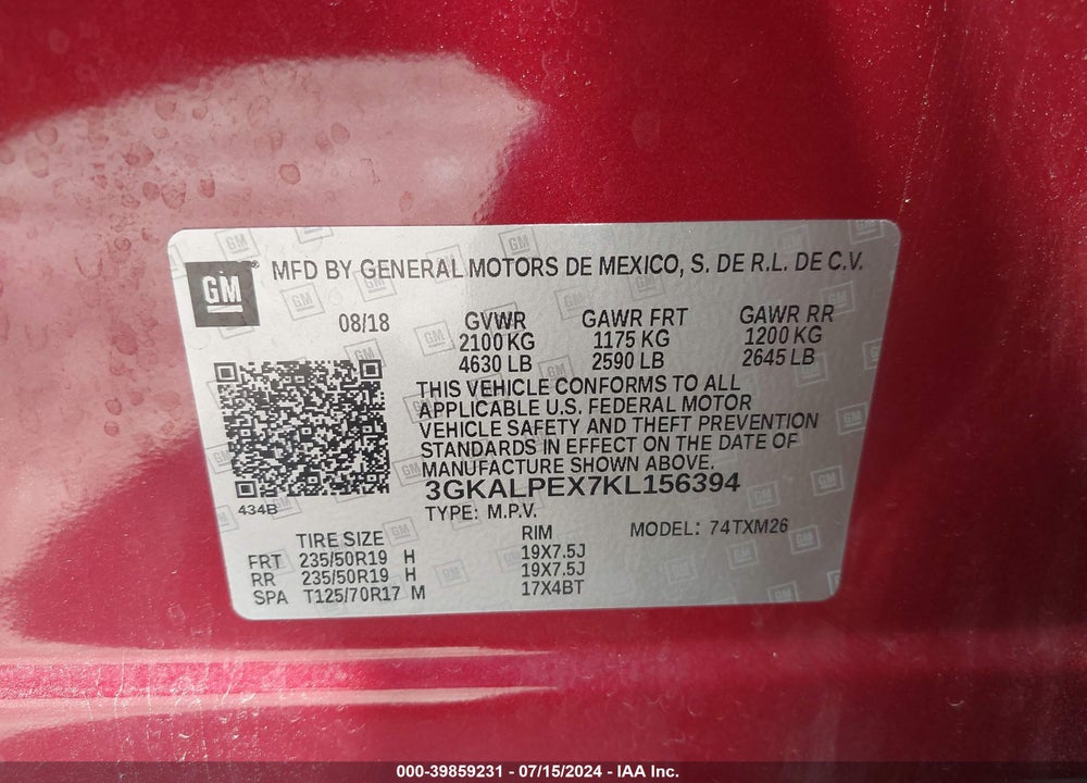 2019 GMC TERRAIN SLT VIN: 3GKALPEX7KL156394