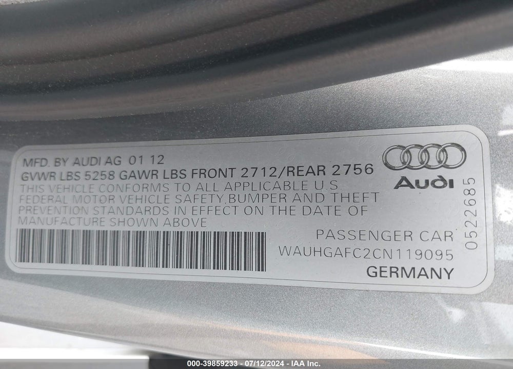 2012 AUDI A6 3.0 PREMIUM VIN: WAUHGAFC2CN119095