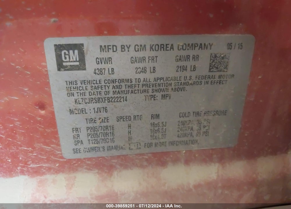 2015 CHEVROLET TRAX VIN: KL7CJRSBXFB222214
