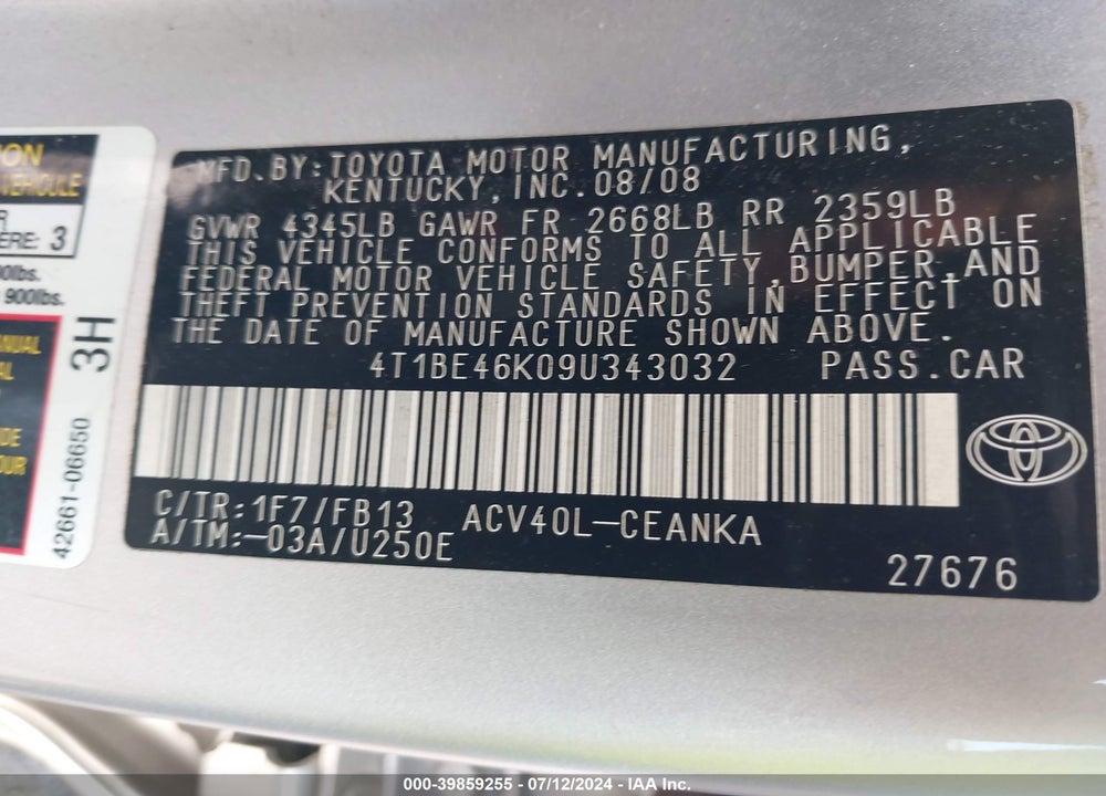 2009 TOYOTA CAMRY LE VIN: 4T1BE46K09U343032
