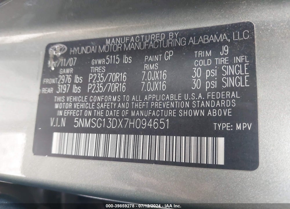 2007 HYUNDAI SANTA FE GLS VIN: 5NMSG13DX7H094651