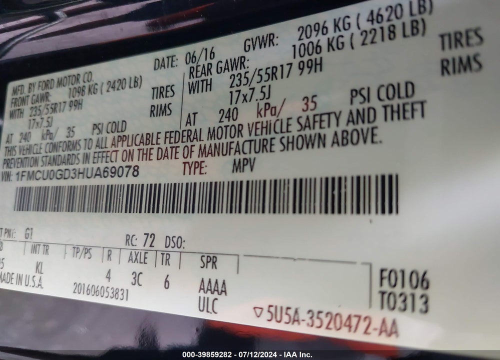 2017 FORD ESCAPE VIN: 1FMCU0GD3HUA69078