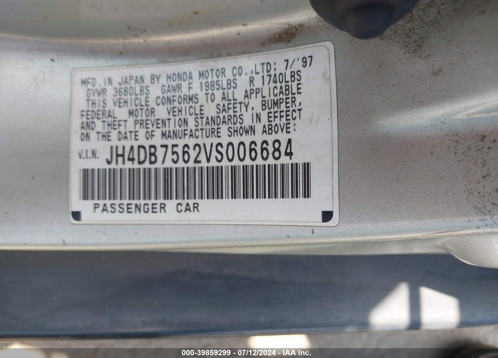 1997 ACURA INTEGRA GS VIN: JH4DB7562VS006684