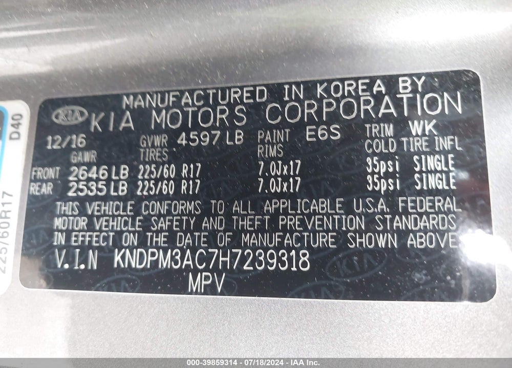 2017 KIA SPORTAGE LX VIN: KNDPM3AC7H7239318