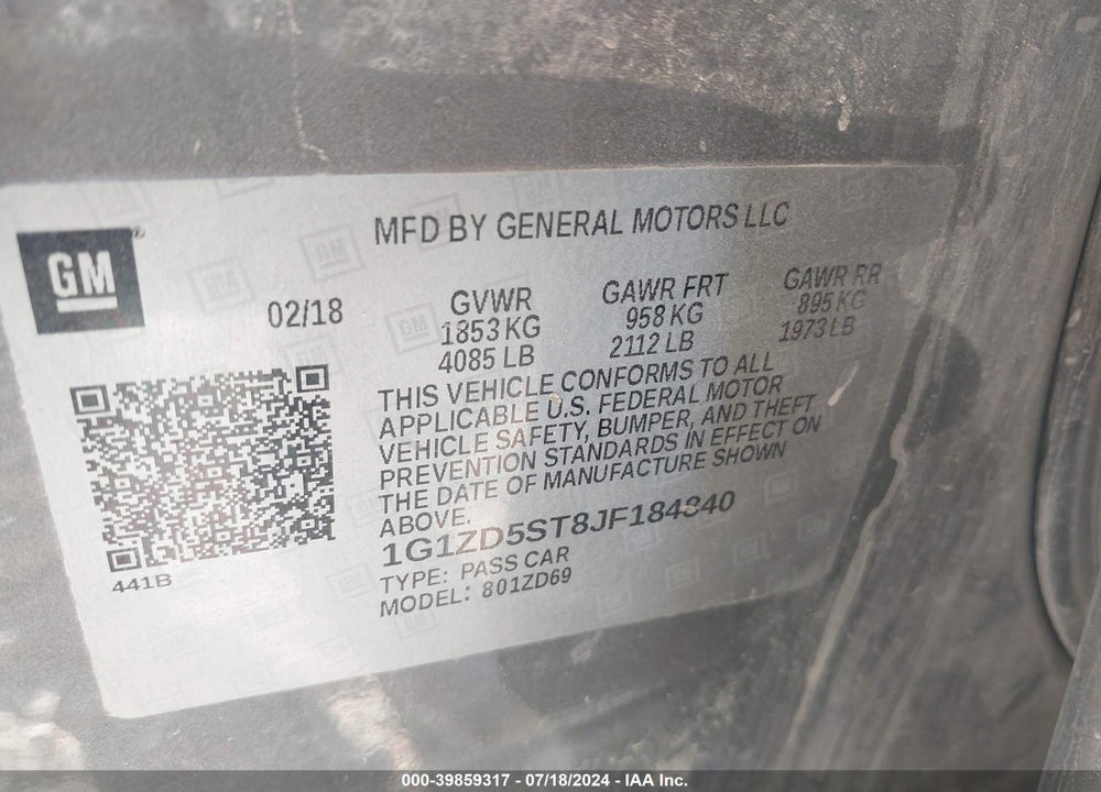 2018 CHEVROLET MALIBU LT VIN: 1G1ZD5ST8JF184840
