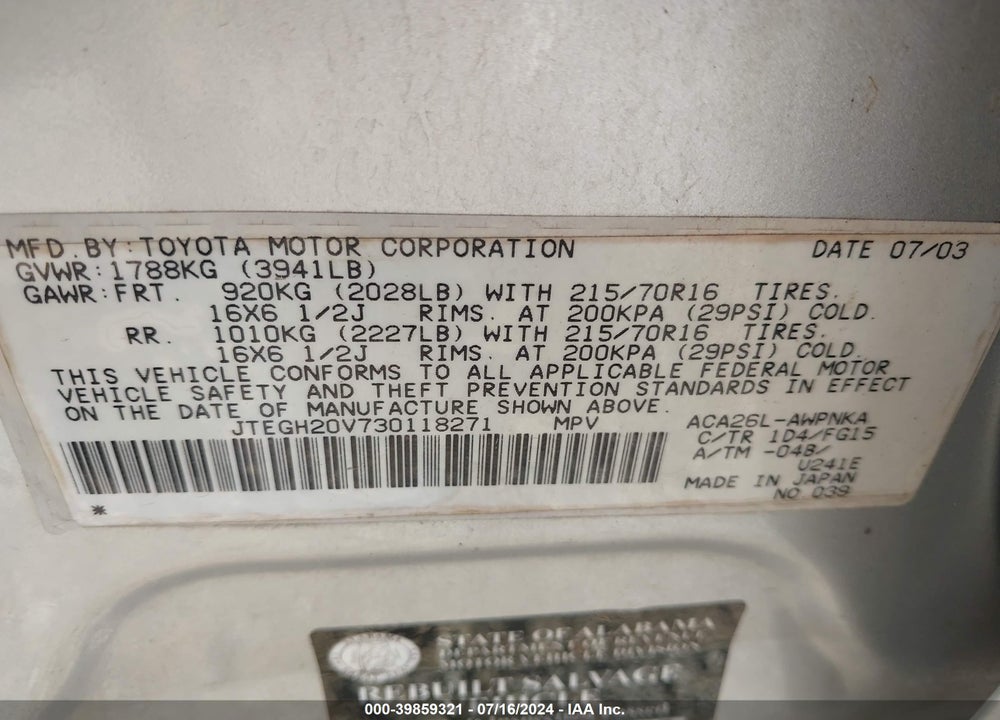 2003 TOYOTA RAV4 VIN: JTEGH20V730118271