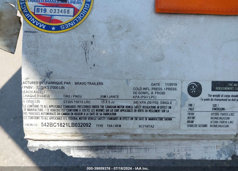 2020 BRAVO TRAILERS LLC BRAVO ENCLOSED CARGO VIN: 542BC1821LB032092