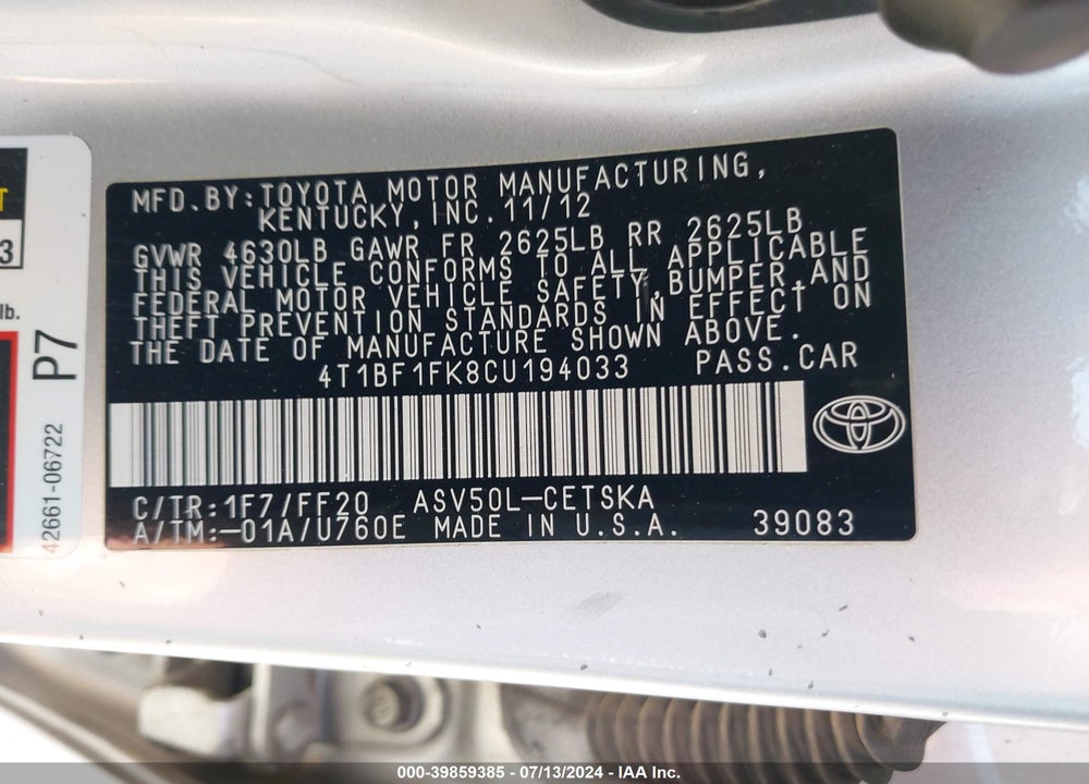 2012 TOYOTA CAMRY SE VIN: 4T1BF1FK8CU194033