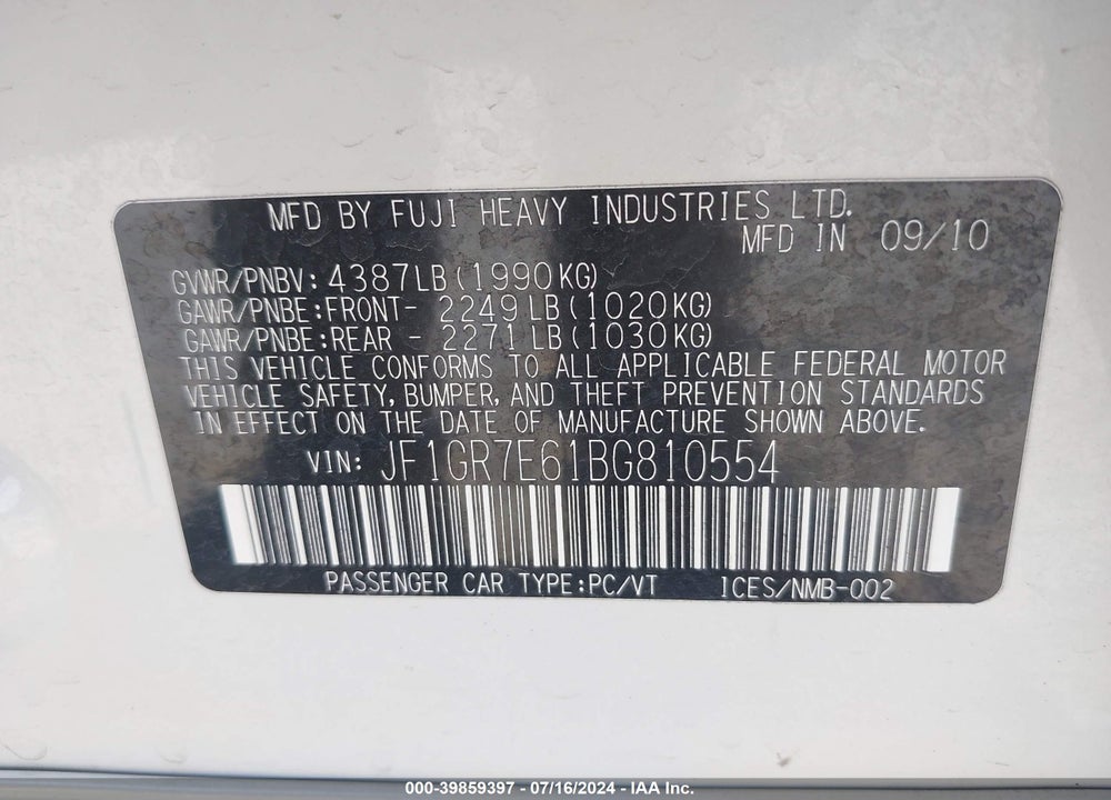 2011 SUBARU IMPREZA WRX PREMIUM VIN: JF1GR7E61BG810554