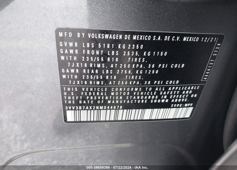 2022 VOLKSWAGEN TIGUAN 2.0T SE VIN: 3VV3B7AX2NM044678