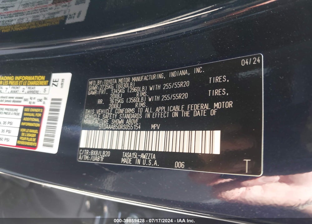 2024 TOYOTA GRAND HIGHLANDER PLATINUM VIN: 5TDAAAB50RS055154