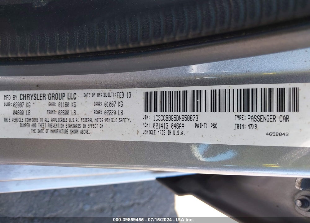 2013 CHRYSLER 200 TOURING VIN: 1C3CCBBG5DN658873