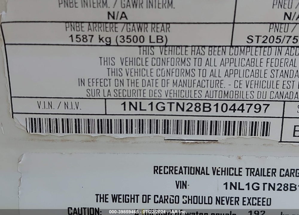 2011 GULF KINGSPORT VIN: 1NL1GTN28B1044797