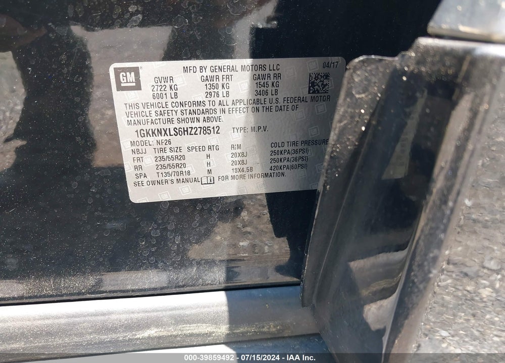 2017 GMC ACADIA DENALI VIN: 1GKKNXLS6HZ278512