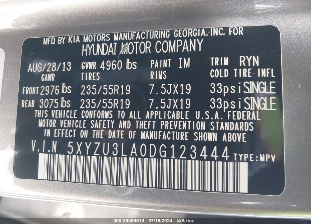 2013 HYUNDAI SANTA FE SPORT 2.0T VIN: 5XYZU3LA0DG123444