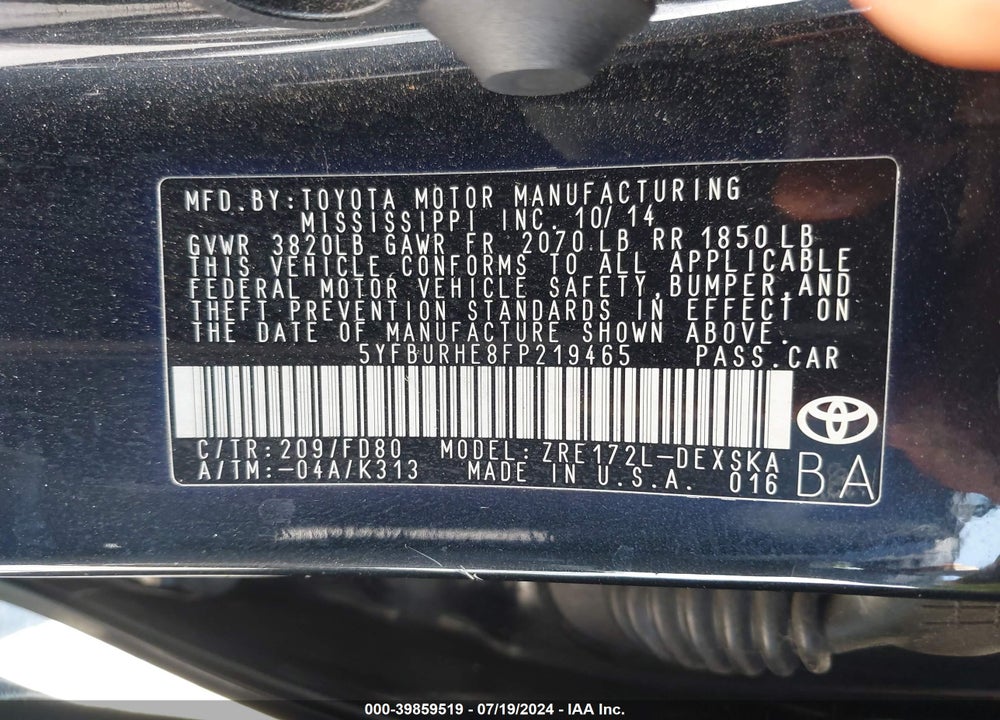 2015 TOYOTA COROLLA S PLUS VIN: 5YFBURHE8FP219465