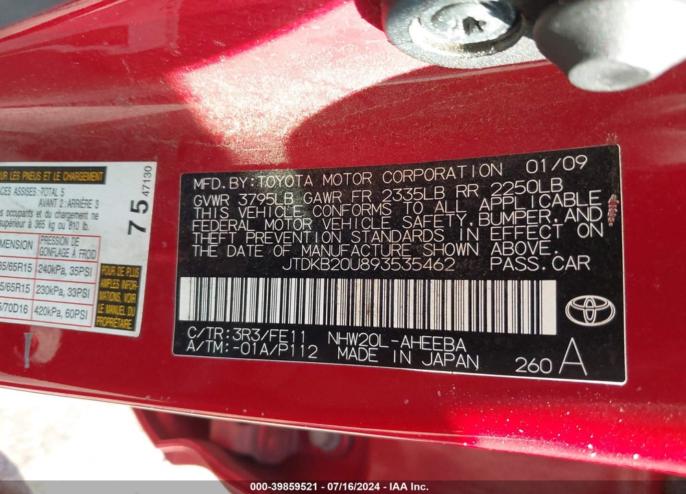 2009 TOYOTA PRIUS VIN: JTDKB20U893535462