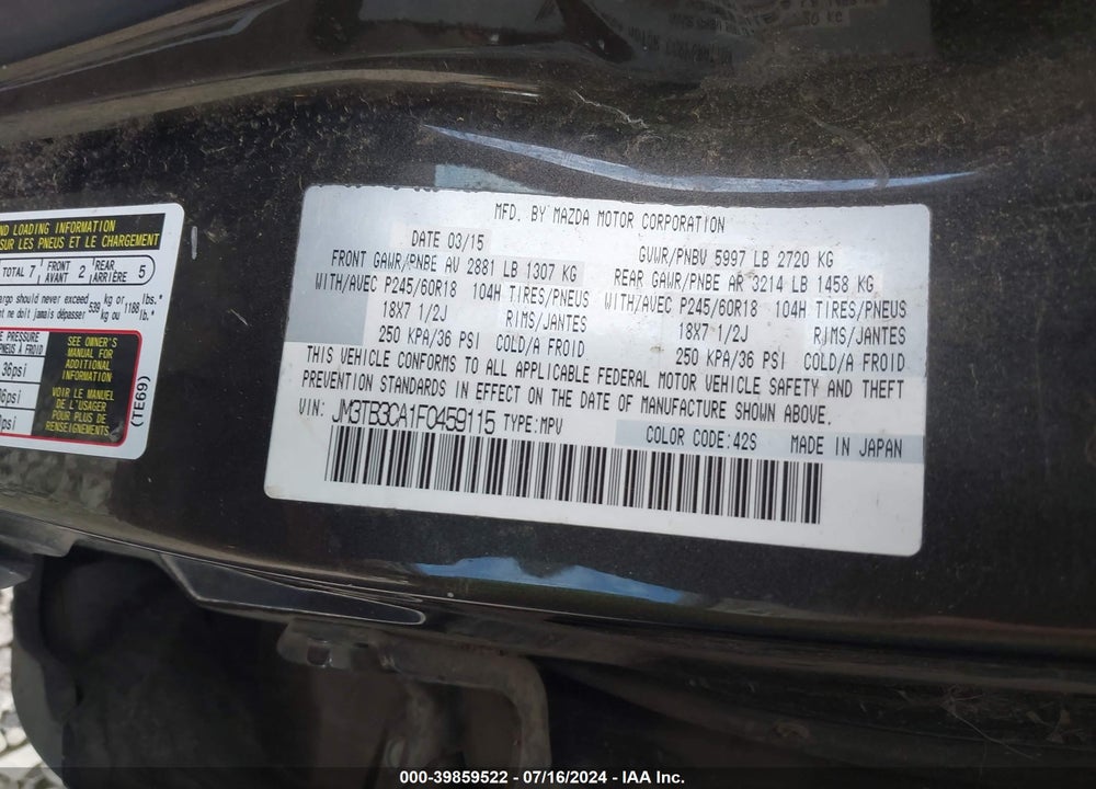 2015 MAZDA CX-9 TOURING VIN: JM3TB3CA1F0459115