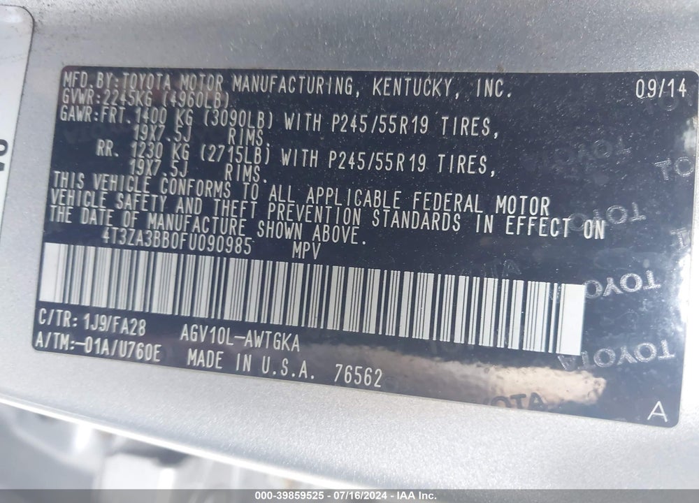 2015 TOYOTA VENZA VIN: 4T3ZA3BB0FU090985