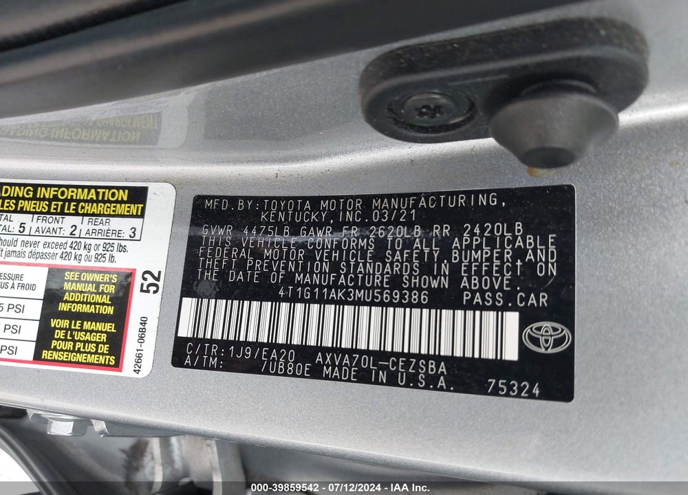 2021 TOYOTA CAMRY SE VIN: 4T1G11AK3MU569386