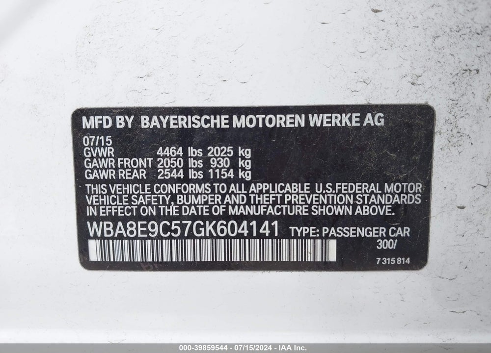 2016 BMW 328I VIN: WBA8E9C57GK604141