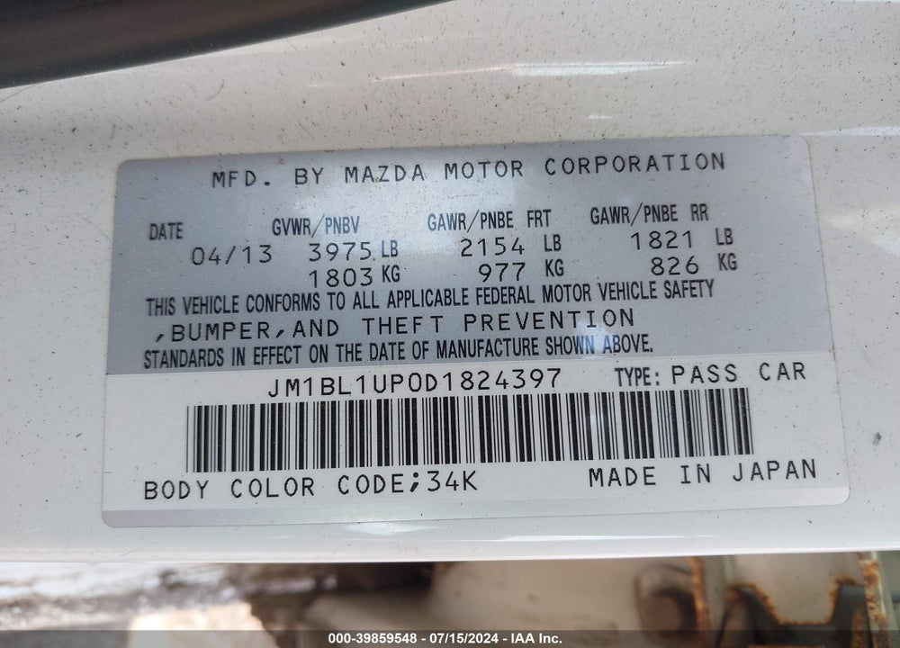 2013 MAZDA 3 I SPORT VIN: JM1BL1UP0D1824397