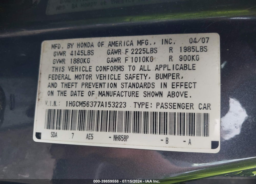 2007 HONDA ACCORD 2.4 SE VIN: 1HGCM56377A153223