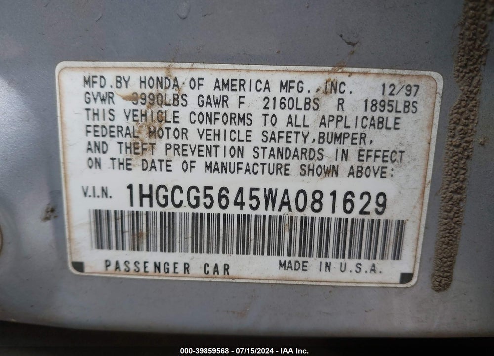 1998 HONDA ACCORD LX VIN: 1HGCG5645WA081629
