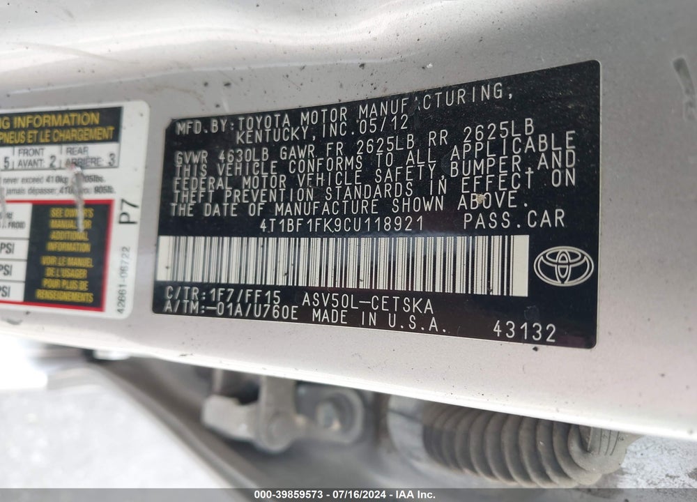 2012 TOYOTA CAMRY SE VIN: 4T1BF1FK9CU118921