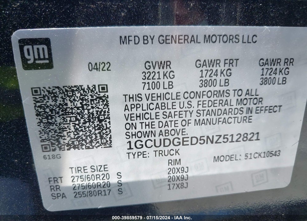 2022 CHEVROLET SILVERADO 1500 4WD SHORT BED LTZ VIN: 1GCUDGED5NZ512821