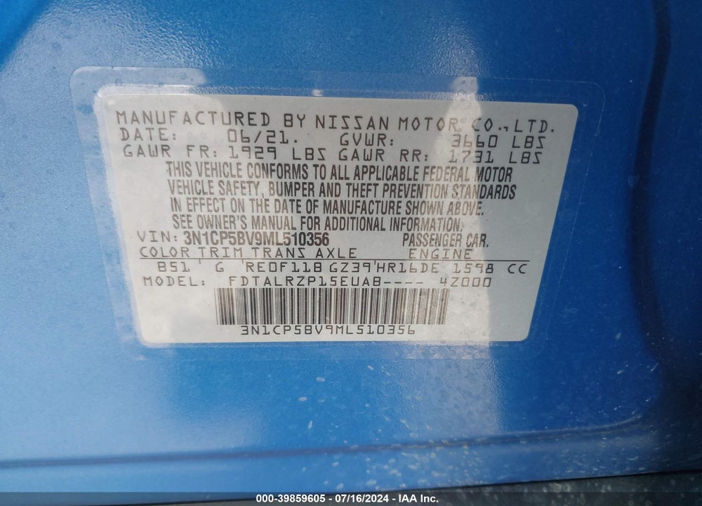 2021 NISSAN KICKS S XTRONIC CVT VIN: 3N1CP5BV9ML510356