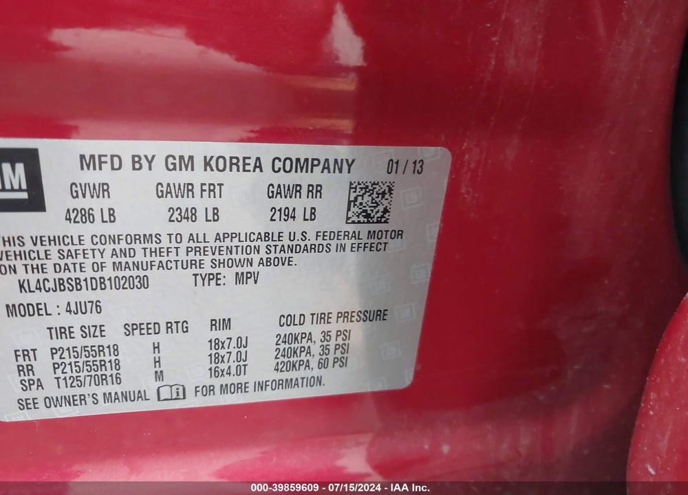 2013 BUICK ENCORE CONVENIENCE VIN: KL4CJBSB1DB102030