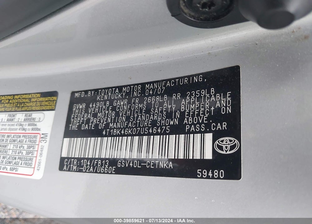 2007 TOYOTA CAMRY LE V6 VIN: 4T1BK46K07U546475