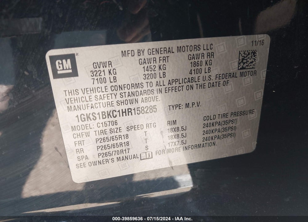 2017 GMC YUKON SLT VIN: 1GKS1BKC1HR158285