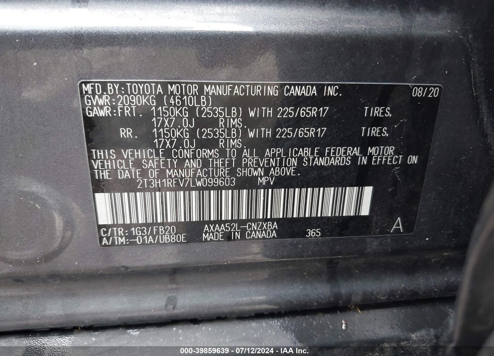 2020 TOYOTA RAV4 LE VIN: 2T3H1RFV7LW099603