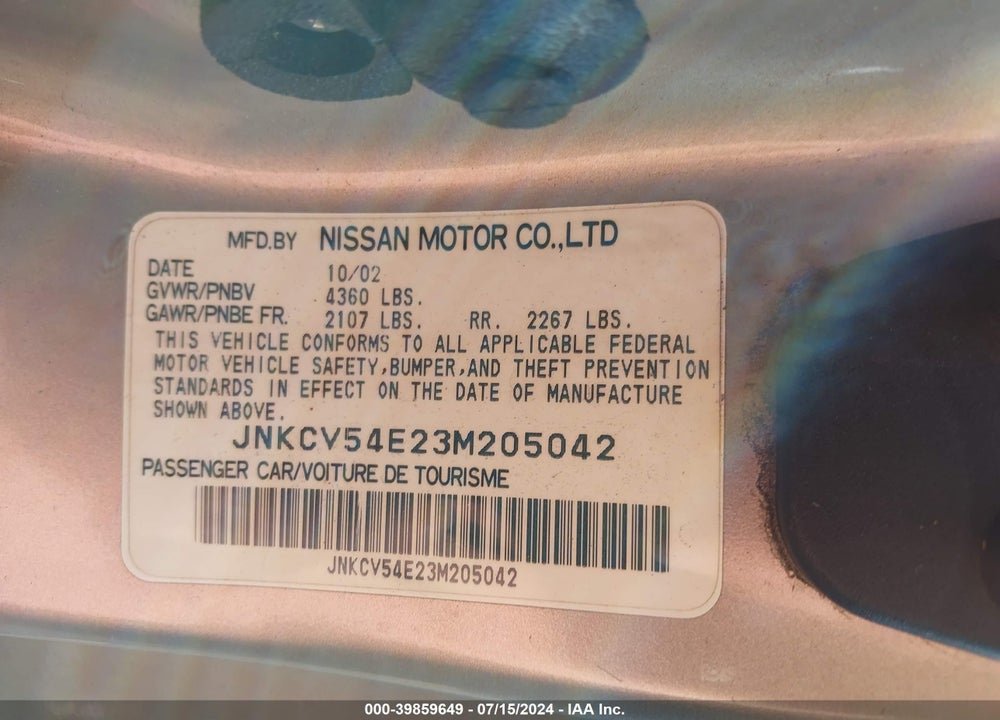 2003 INFINITI G35 BASE W/LEATHER VIN: JNKCV54E23M205042