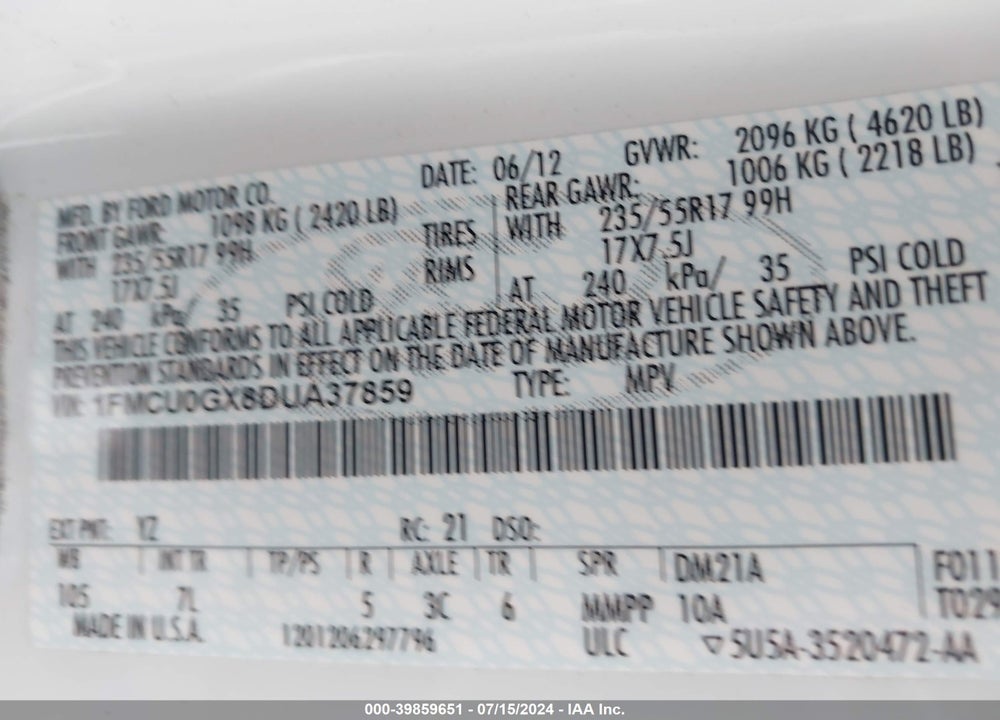 2013 FORD ESCAPE SE VIN: 1FMCU0GX8DUA37859