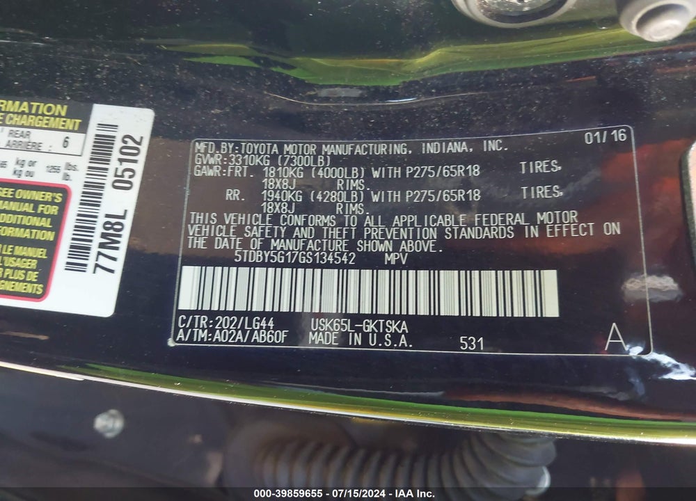 2016 TOYOTA SEQUOIA SR5 5.7L V8 VIN: 5TDBY5G17GS134542