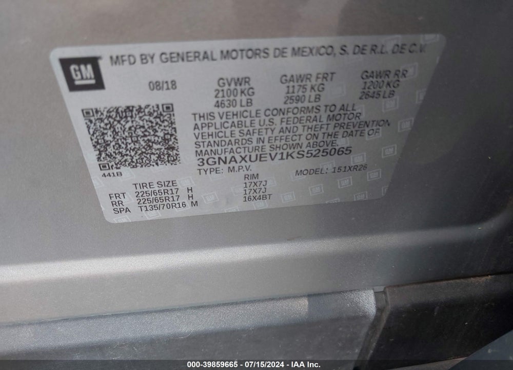 2019 CHEVROLET EQUINOX LT VIN: 3GNAXUEV1KS525065