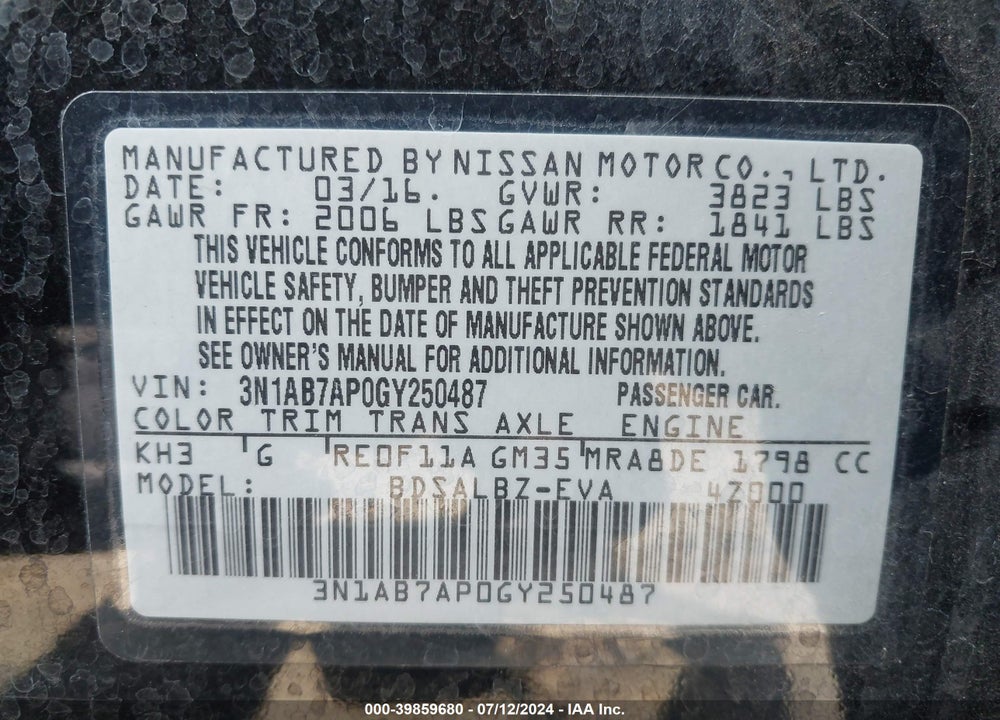 2016 NISSAN SENTRA S VIN: 3N1AB7AP0GY250487