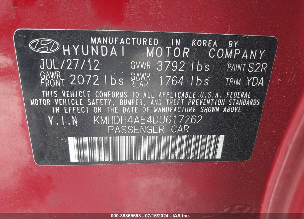 2013 HYUNDAI ELANTRA GLS VIN: KMHDH4AE4DU617262